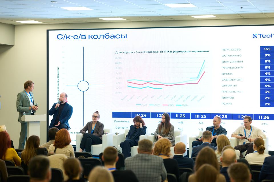Дискуссия в конференц-зале G, на экране график продаж